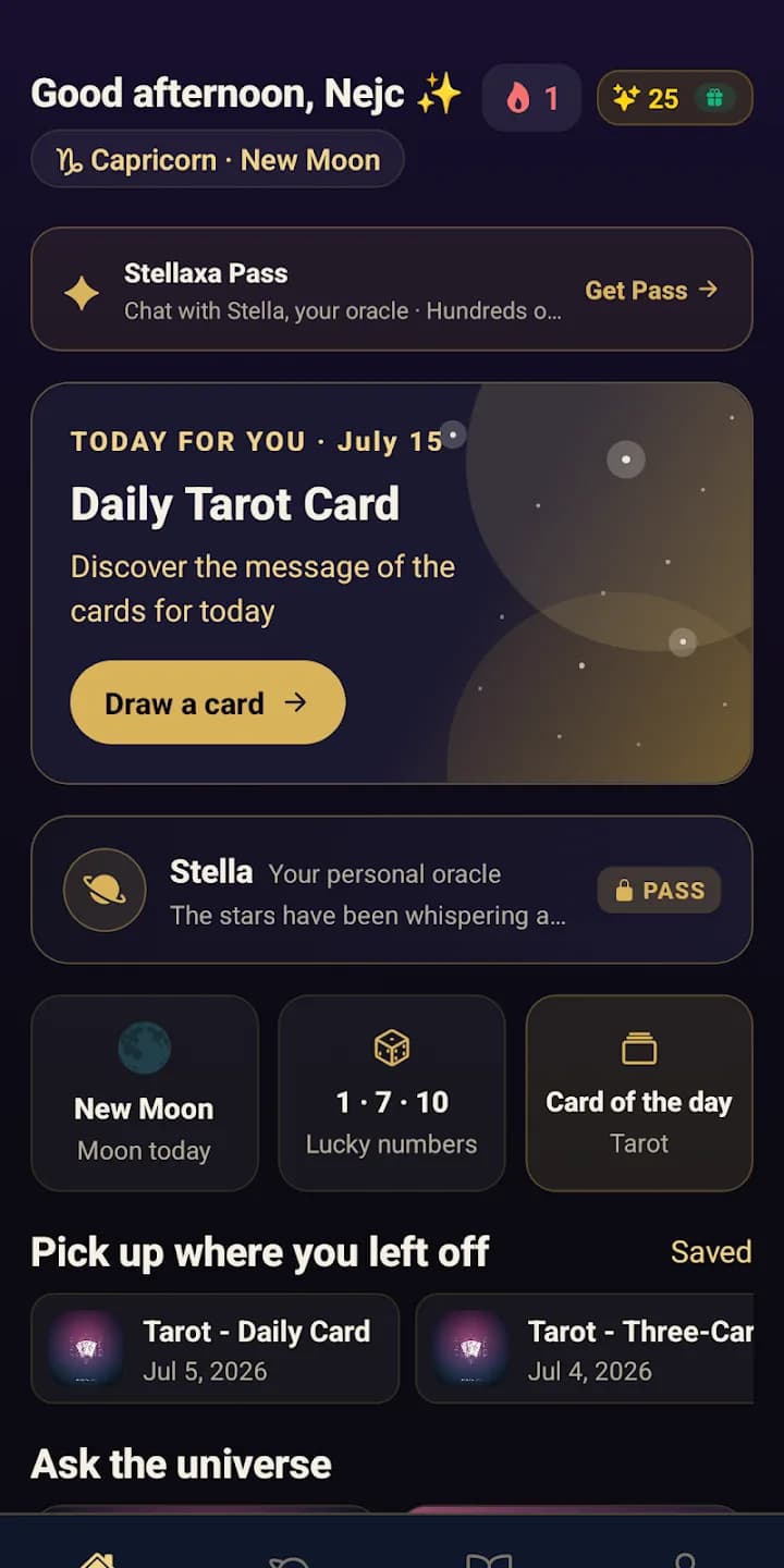 Écran d'accueil de l'app Stellaxa