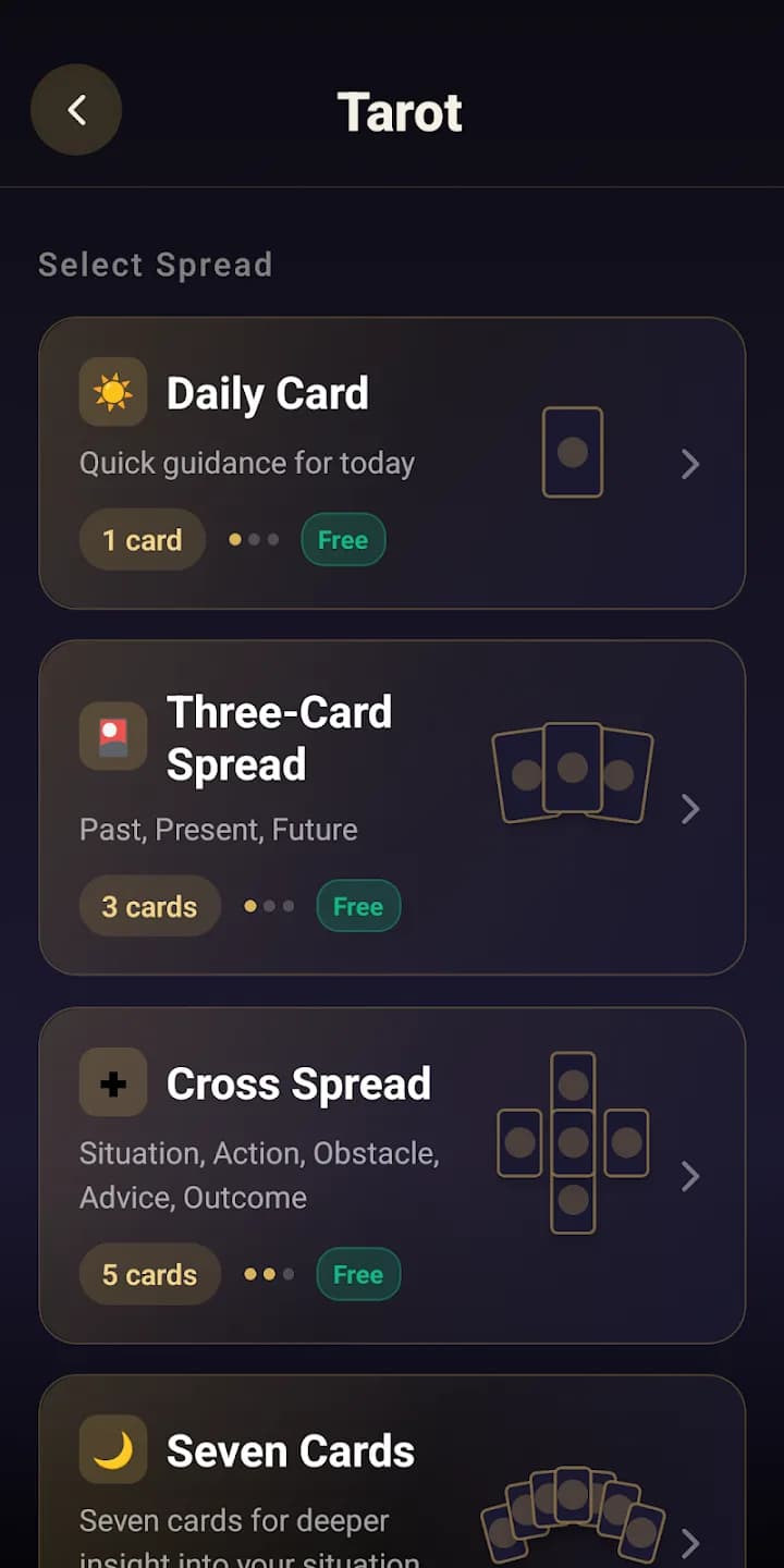 Écran des tirages de tarot de l'app Stellaxa